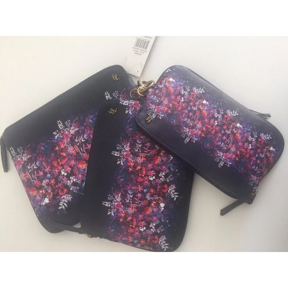 Elliott Lucca Set of 3 Artisan Floral Bouquet Indigo Blue Cosmetic Bags NEW